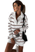 Striped O-Ring Zip Front Collared Drop Shoulder Long Sleeve Sweater Dress